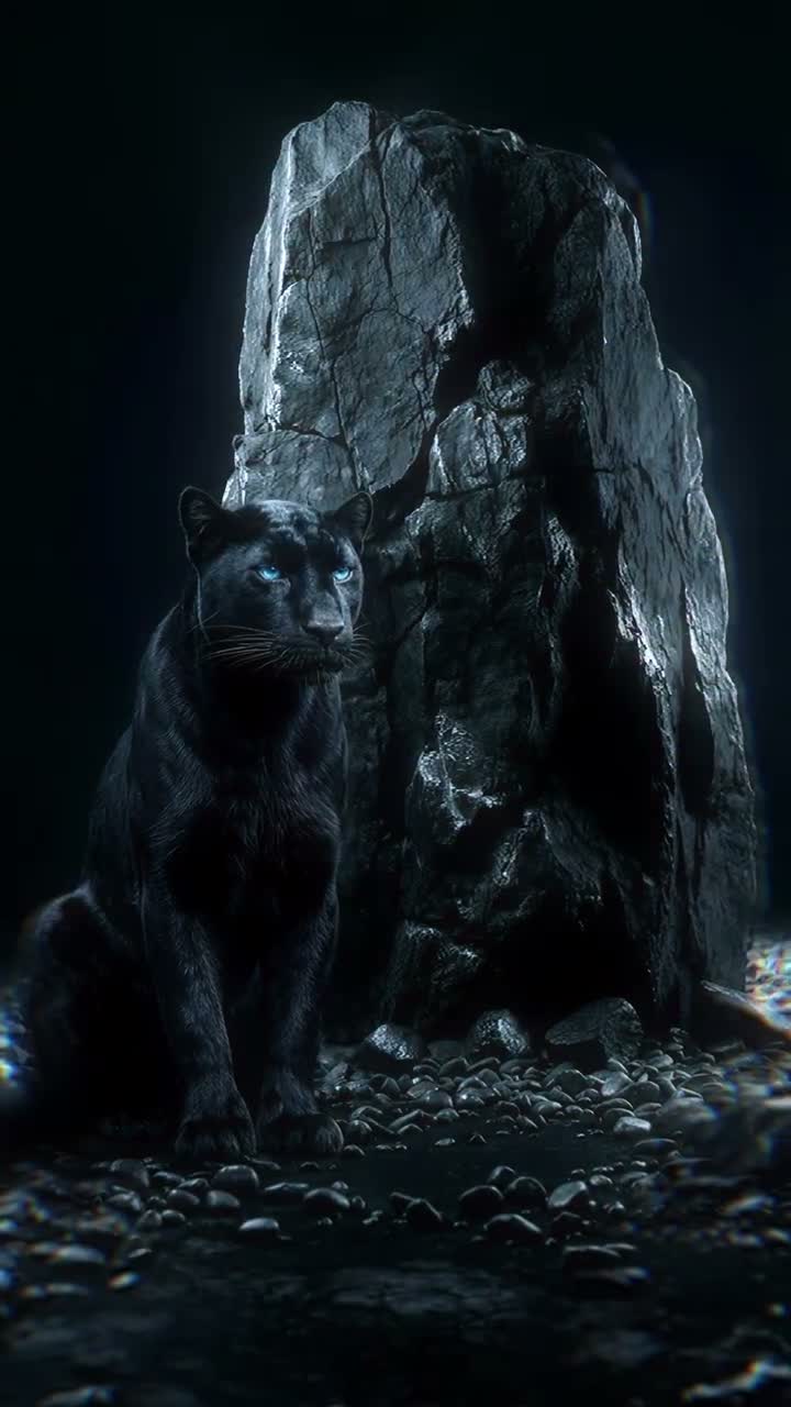 A black panther beside a rock in a dark cinematic scene