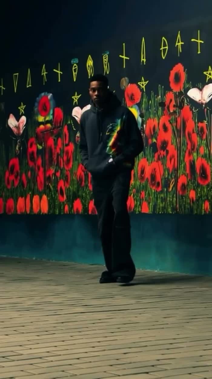 A person framed against a vibrant floral backdrop