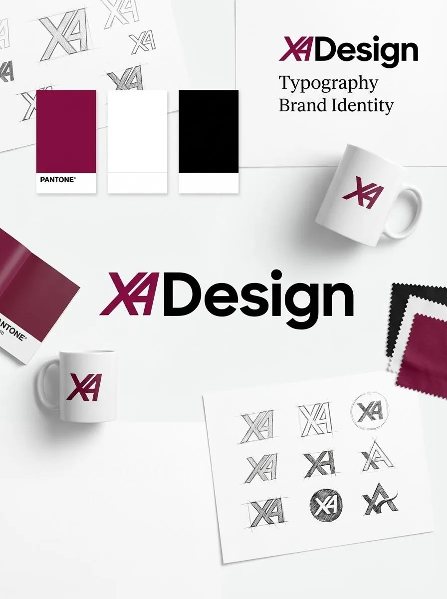 X4Design studio identity concept with a burgundy and off-white visual palette